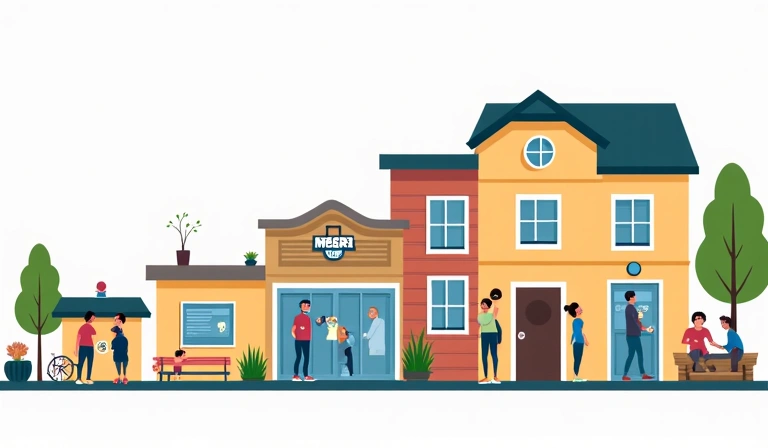 Illustration showing the growth and evolution of a nutrition clinic, from a small office to a modern health center, with diverse clients.