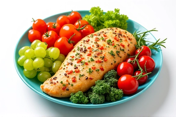 A vibrant plate of healthy food, with a mix of colorful vegetables, lean protein, and whole grains, arranged artfully to represent a balanced diet. The setting is bright and clean, emphasizing freshness and health.