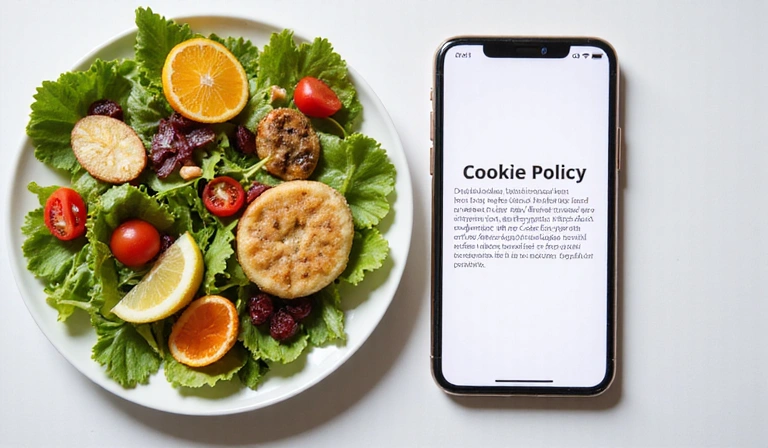 A plate of healthy food with a smartphone showing cookie policy, symbolizing digital privacy and healthy choices