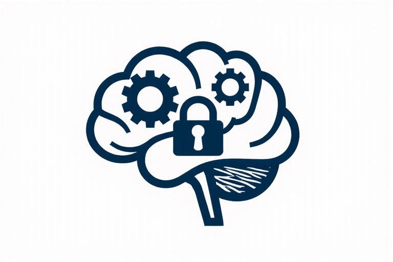 Abstract representation of intellectual property, with a stylized brain and padlock icon