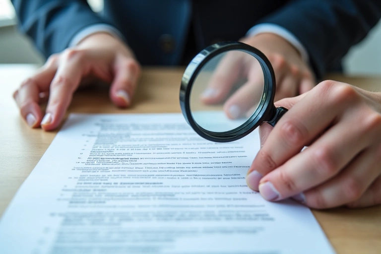 Person reading a document with a magnifying glass, symbolizing terms and conditions review